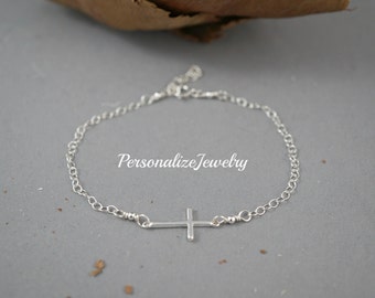Sterling Silver Cross Bracelet | Dainty Religious Jewelry, Gift for Her