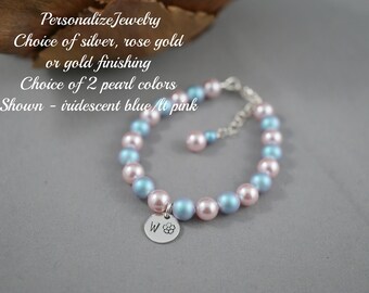 Pearl Bracelet with Initial Charm | Sterling Silver | Flower Girl Gift | Beaded Pearl Jewelry