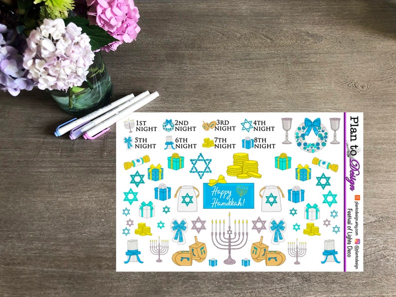FESTIVAL OF LIGHTS Variety Stickers made for Plum Paper, Traveler's Notebook, Vertical, Horizontal, Recollections Deco Hanukkah Nights image 1
