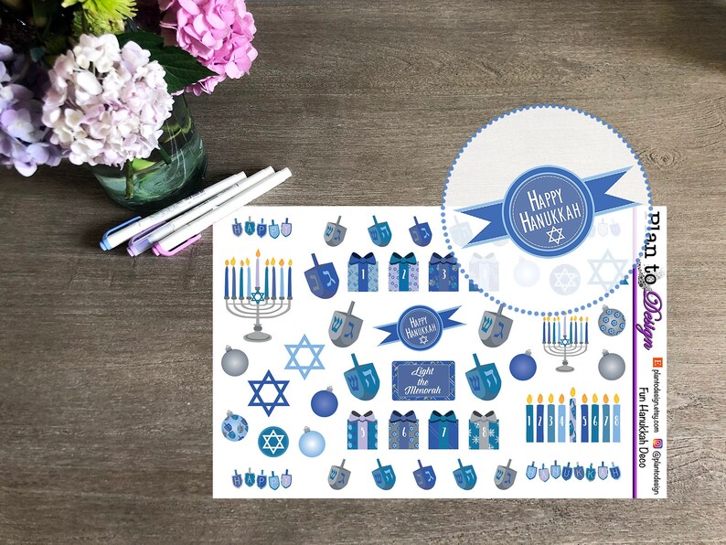 HANUKKAH FUN Variety Stickers made for Plum Paper, Traveler's Notebook, Vertical, Horizontal, Recollections Deco Holidays Channukah image 1