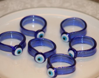 12 Blue rings in a set - Handmade Glass Napkin rings  with Turkish eye beads, glass art, perfect gift, home decoration, Collectible