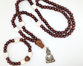 Wooden Mala with Skull Accents on Cord Necklace and Bracelet Set