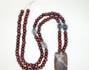 Rosewood Mala with Glass Bead Accents: Handcrafted Meditation Necklace