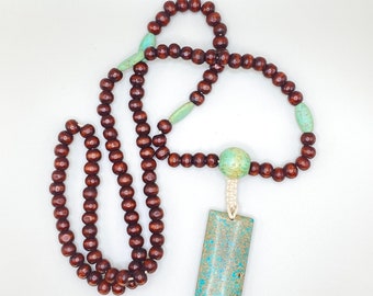 Rosewood and Turquoise Mala: Handcrafted Spiritual Meditation Necklace