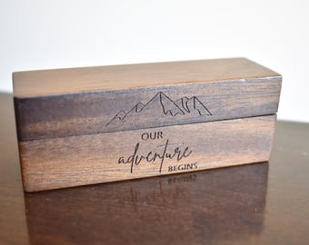 Personalized Wedding Ring Box, Walnut Wood Double Ring Bearer Box, Engraved Our Adventure Begins, Proposal Ring Case, Nature Lover Gift