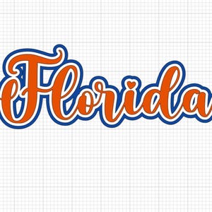 May include: Orange and blue cursive text that reads "Florida" with a small heart in the middle of the word.