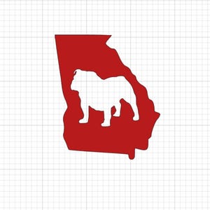 May include: A red outline of the state of Georgia with a white silhouette of a bulldog inside.