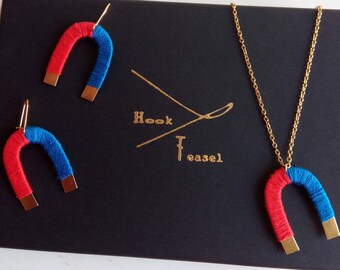 Crochet Necklace and Earrings, Magnet, Attract and Repel handmade, jewellery, primary colour, matching gift set