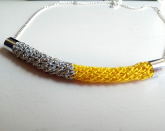 Crochet Cord Necklace Two-Tone Yellow Sparkle Green Pink