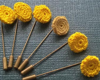 Tansy Crochet Pin; Brooch, Tie Pin, Bright Yellow Flower, Crochet, Accessory, Wildflower, lapel pin, badge, hat pin, coat pin, buttonhole