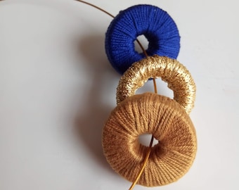 Crochet Millstone Necklace; Wire Choker Collar in Mustard Gold, Royal Blue.