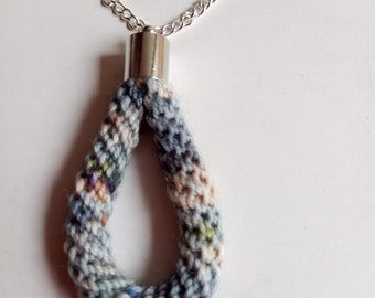 Raindrop Pendant Necklace; Blue Slate Grey Fleck Crochet Drop