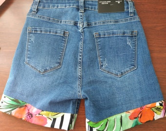 Stretch denim shorts.