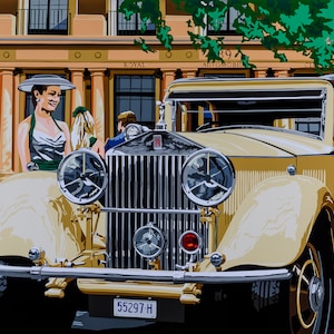 May include: A vintage, cream-colored Rolls Royce automobile with a chrome grille and headlights. The car is parked in front of a building with the words "Royal Automobile" on the facade. The car has a license plate that reads "55297-H".