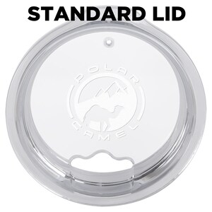 May include: A clear plastic lid with a silver ring around the edge. The lid has a small hole in the center and a cutout on the side. The lid has the words "Polar Camel" printed on it.