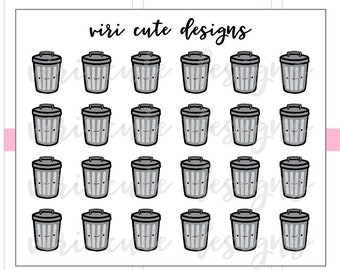 Kawaii Trash Can Planner Stickers | 025 | trash day, clean, trash can, trash bin, kawaii, hand drawn, planner stickers, Viri Cute Designs
