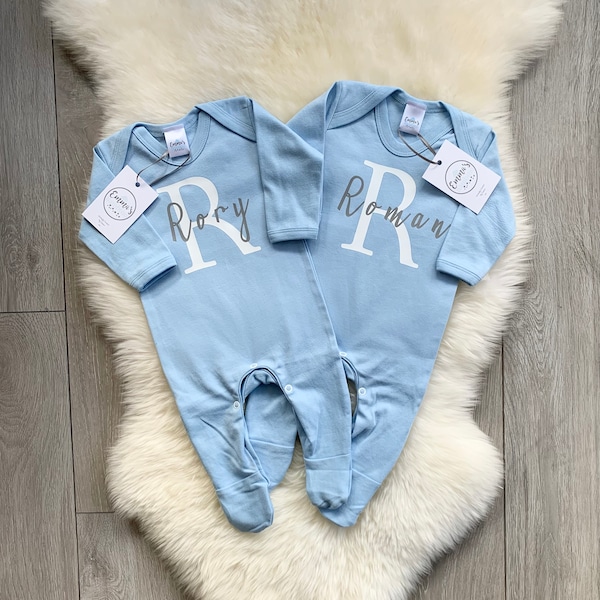 Twin Baby Grow Boys Girls Gift Personalised Initial/Letter Name Pink Blue Twins Babygrow/Romper/Sleepsuits,Present,Shower Coming Home Outfit