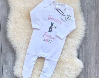 Personalised First Easter Babygrow, Sleepsuit, Baby Grow Rompersuit, Vest, 1st Easter Gift, Girls/Boys First Easter Outfit,Gift Blue or Pink