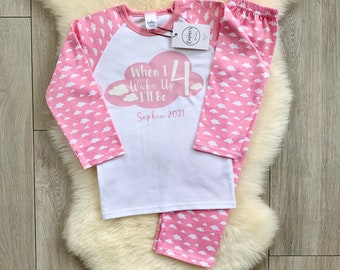 Personalised Birthday Pajamas Number Name Pyjamas Outfit Girls/Boys Kids, Children's When I Wake Up I’ll Be 1 2 3 4 5 Pink or Blue