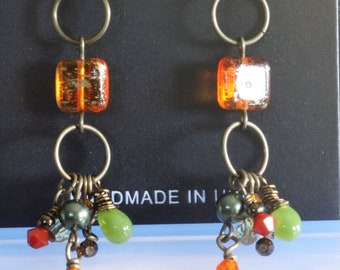 Brass Earrings with Orange, Green, and Red Dangles/ Multicolored