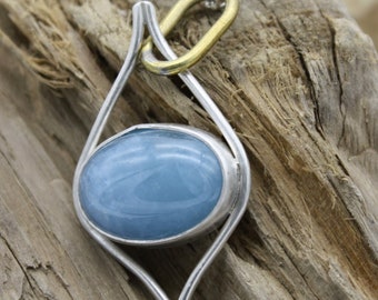 Oval Aquamarine Pendant Necklace/ Sterling Silver & Brass Accents/ March Gemstone