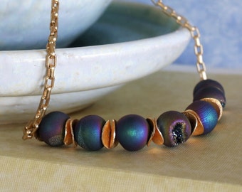 Rainbow Druzy Beaded Necklace/ Gold-Plate