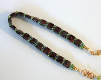 Brown and Green Glass Tile Bead Bracelet/ Single Strand
