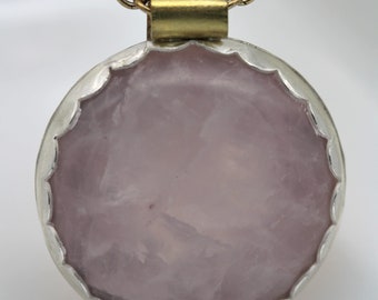 Round Rose Quartz Pendant Necklace/ Silver and Brass