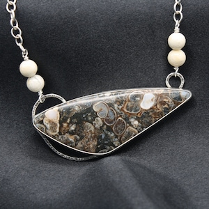 Turritella Pendant Necklace/ Sterling Silver/ Riverstone Chain