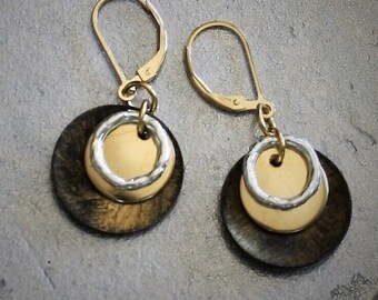 Double Brass Discs and Silver Hoop Drop Earrings/ Mixed Metal