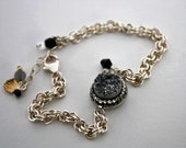 Metallic Silver Pave Wrap Druzy Single Strand Bracelet Silver Plate Double Link Chain Multiple Gold Filled, Sterling Silver Bead Charms