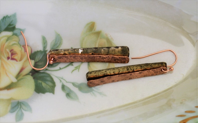 Brass and Copper Hand Textured Double Bar Earrings Light Patina on Brass and Copper Lightweight Mixed Metal Dangles Flat Rectangles
