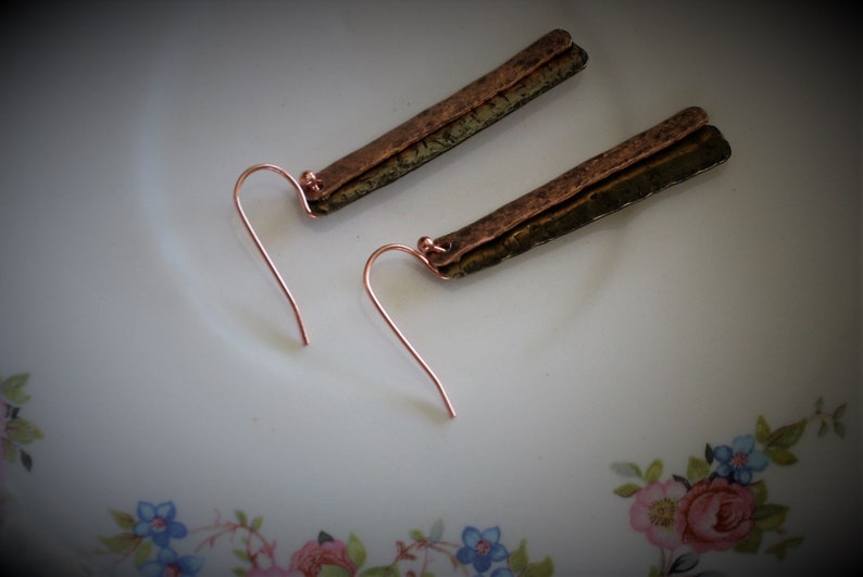 Brass and Copper Hand Textured Double Bar Earrings Light Patina on Brass and Copper Lightweight Mixed Metal Dangles Flat Rectangles
