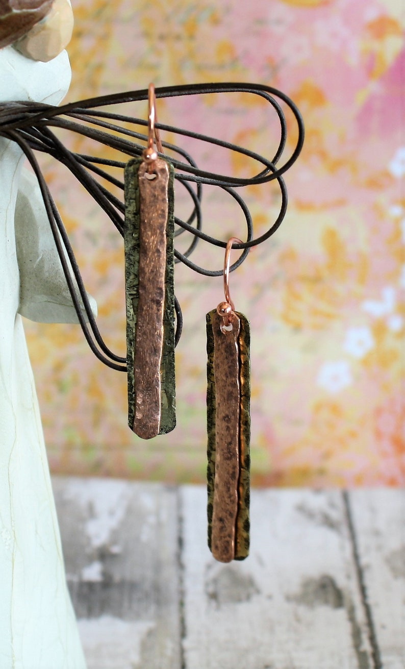 Brass and Copper Hand Textured Double Bar Earrings Light Patina on Brass and Copper Lightweight Mixed Metal Dangles Flat Rectangles
