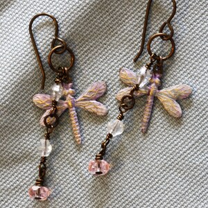 Dragonfly and Rose Quartz Dangle Earrings/ Brass and Clear Glass Beads