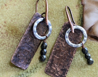 Copper Bar, Silver Ring, and Dark Green Beads Dangle Earrings/ Oxidized