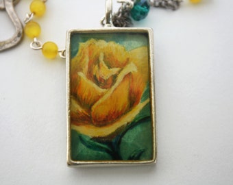 Hand-Painted Yellow Rose Pendant Necklace/ Yellow Bead Chain/ Rectangle/ June Birth Month