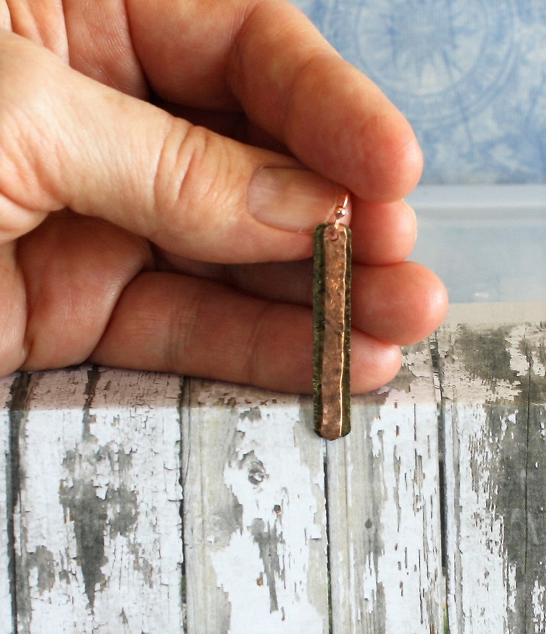 Brass and Copper Hand Textured Double Bar Earrings Light Patina on Brass and Copper Lightweight Mixed Metal Dangles Flat Rectangles
