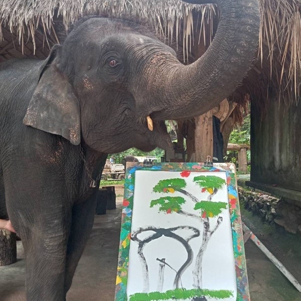 Trunk Made Painting, Oil Painting Made by Thai Elephant, Elephant Wall Decor, Birthday Gift, Mother Day Gift, Father Day Gift Christmas Gift
