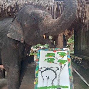 Oil Painting Made by Thai Elephants, Elephant Painting, Elephant Wall Decor, Birthday Gift, Mother Gift, Father Day Gift, Christmas Gift