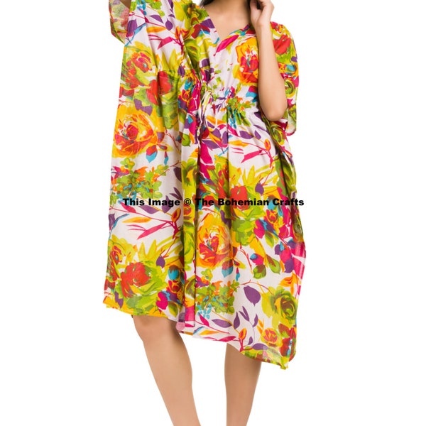 Multi Color Floral Printed Caftan, Mini Dress, Kaftan Dress, Indian Dress, Swim CoverUp, Beach Kaftan, Tunic, Holiday Dress, Summer Dress