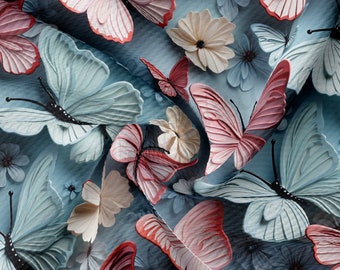 Floral Flowers Butterflies Printed Liverpool Bullet Textured Fabric by the yard AA1902