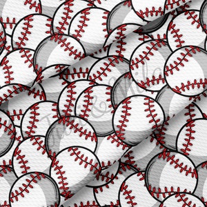 May include: A seamless pattern of white baseballs with red stitching on a white background.