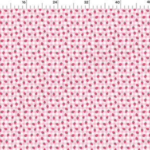 May include: Pink and white gingham fabric with a repeating pattern of small red strawberries.