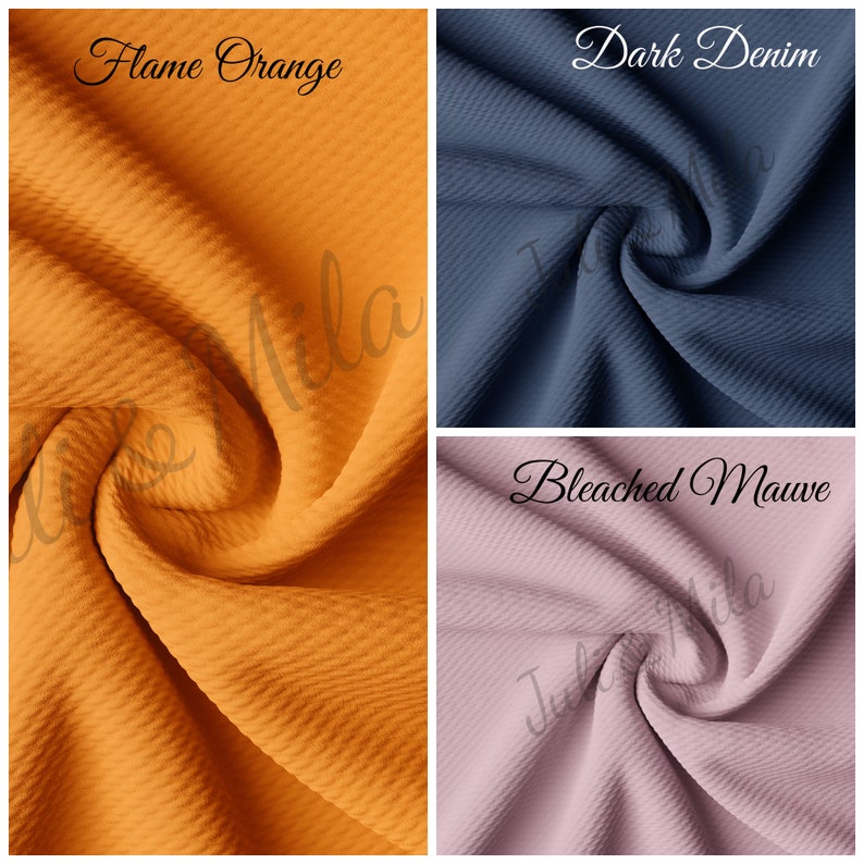 May include: Close-up of three fabric swatches in different colors: Flame Orange, Dark Denim, and Bleached Mauve. The fabric has a textured waffle weave.