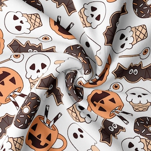 May include: White fabric with a repeating pattern of Halloween-themed illustrations. The design includes skulls, bats, ice cream cones, donuts, and pumpkin mugs in shades of brown, orange, and white. The fabric is likely for crafting or seasonal decor.