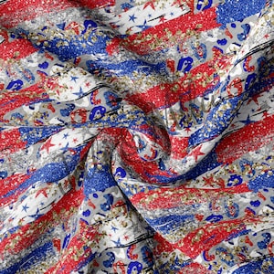 Patriotic 4th of July Printed Liverpool Bullet Textured Fabric by the yard 4 Way Stretch Solid Strip Thick Liverpool Fabric USA Flag (PT29)
