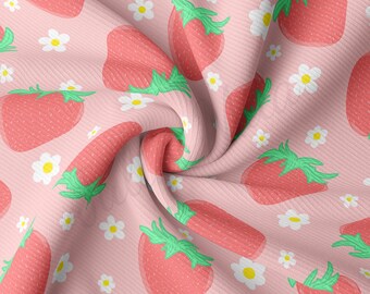 Ribbstickat tyg på metervara Ribbad jersey Stretchig mjuk polyester Stretchtyg 1 meter RBK2727 Jordgubbar Jordgubb