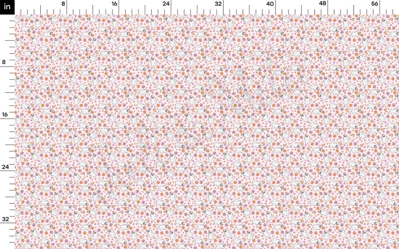 May include: A repeating pattern featuring white ghosts, orange circles, and purple star and triangle shapes on a pale pink backdrop. The design is evenly spaced, creating a playful, whimsical aesthetic, suitable for fabric or wallpaper.