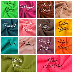 May include: A collage of 12 fabric swatches in various colours, including neon green, magenta, burnt sienna, tan, peacock, light coral, coffee, golden yellow, jade, salmon, purple grey, neon orange, golden olive, and neon hot pink.